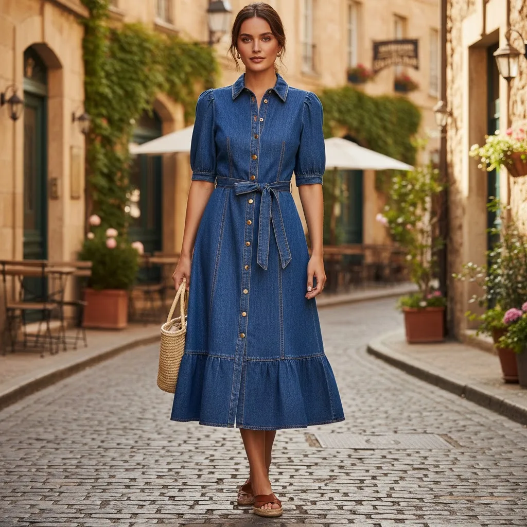 A Woman In A Denim Dress Standing On The Street