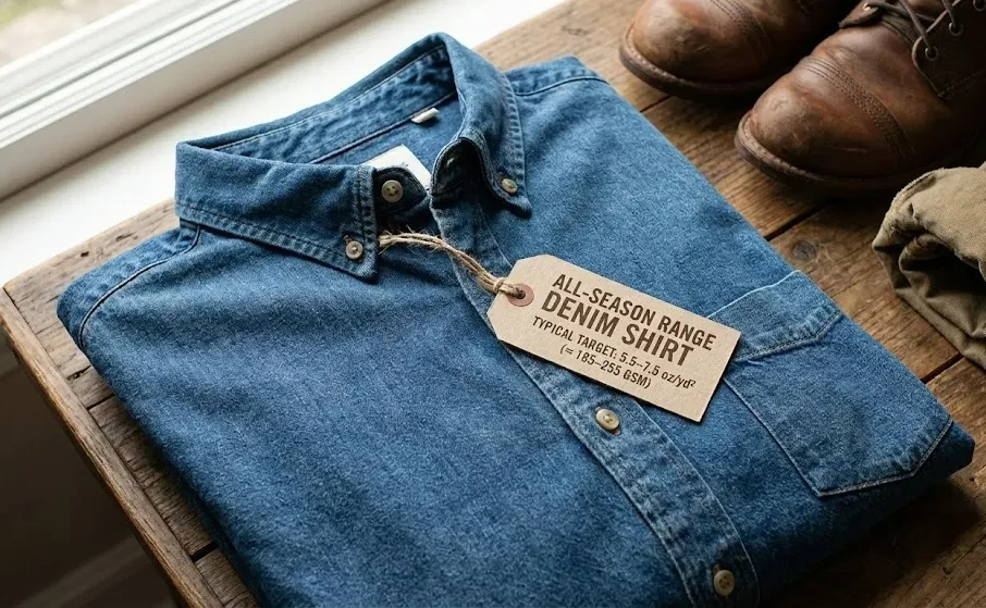 All-Season Range Denim Shirt，Typical Target- 5.5–7.5 Oz-Yd² (= 185–255 Gsm)