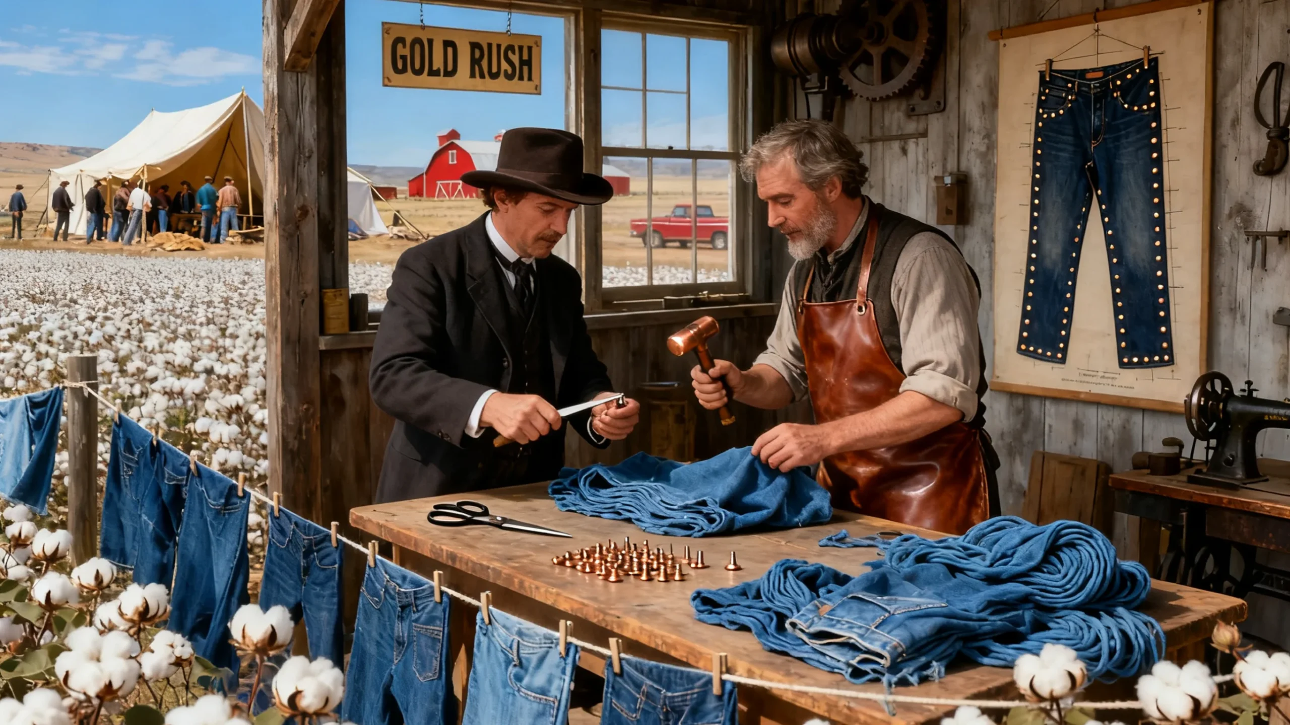 Bavarian Immigrant Levi Strauss Partners With Tailor Jacob Davis In San Francisco During The Gold Rush, Reinforcing Sturdy Cotton Work Pants With Copper Rivets.