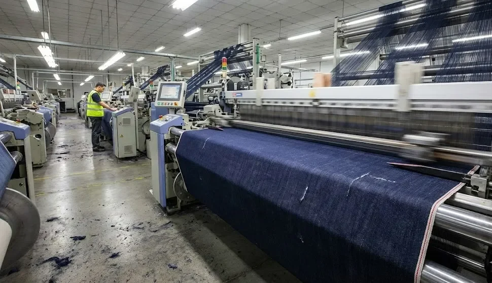 The Image Shows A Modern High-Speed Shuttleless Loom Producing Selvedge Denim; Although The Speed Is Fast, The Quality Is Only Moderate.